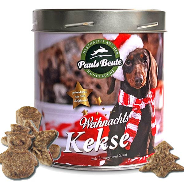 Schöne Weihnachtsdose von Pauls Beute mit getreidefreien Rehkeksen